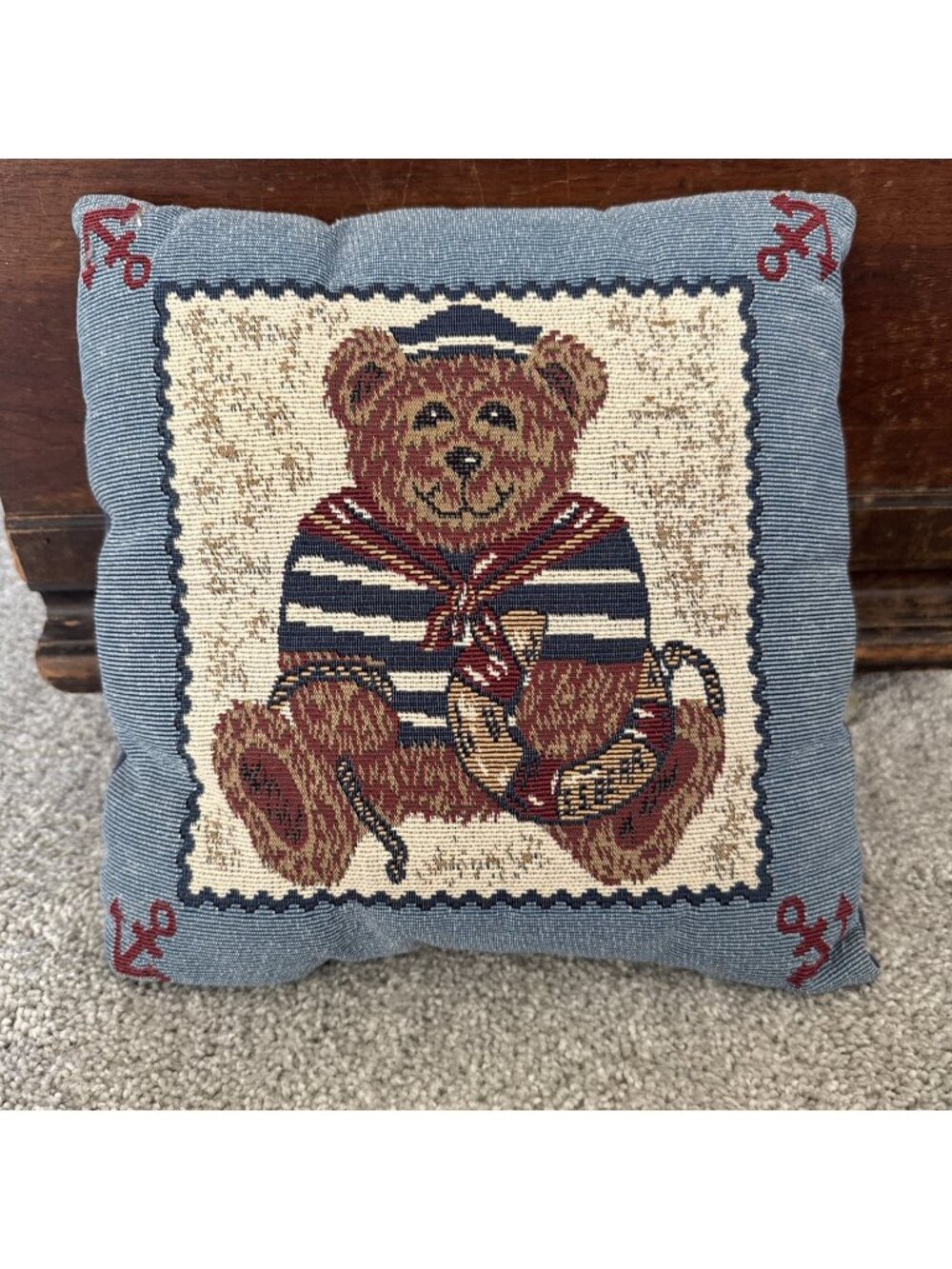 Vintage Needlepoint Tapestry Throw Pillow Nautical Teddy Bear 12x12